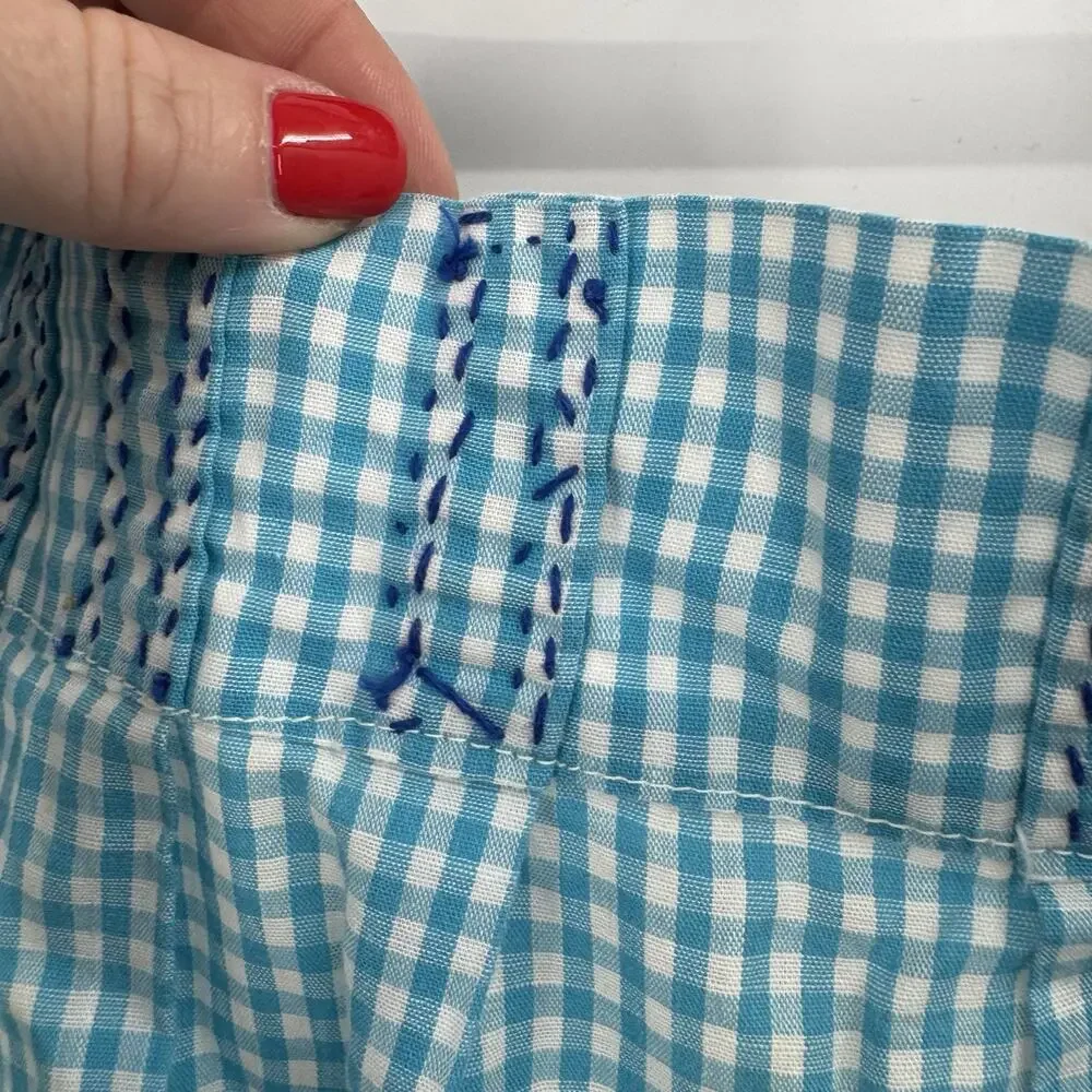 Vintage Waist Apron Needlepoint Embroidery Turquoise White Gingham Tie Waist
